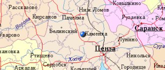 Map of the surroundings of the city of Kamenka from NaKarte.RU