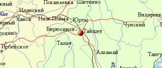 Map of the surrounding area of ​​the city of Tayshet from NaKarte.RU