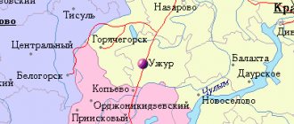 Map of the surrounding area of ​​the city of Uzhur from NaKarte.RU
